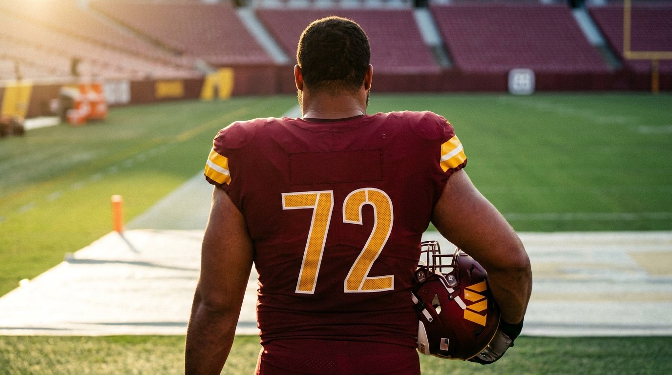 A Washington Commanders player on the Northwest Stadium turf